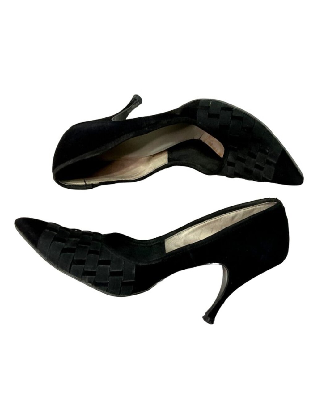 Vtg Belle Mode Black Suede Heels Sz 7 Ribbon Accents 3.5" Heel Pointed Toe Women - Picture 3 of 7